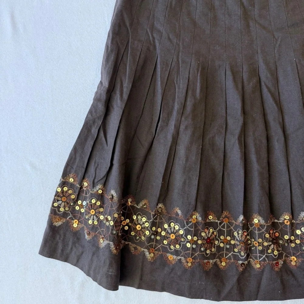 Ann Taylor Loft Brown Linen Blend Pleated Sequin Hem A-Line‎ Skirt Womens 10